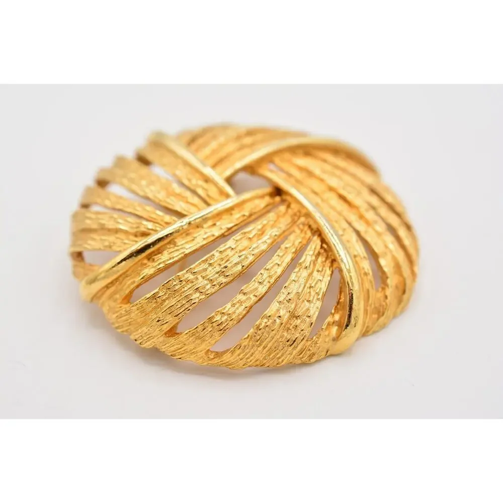 Art Vintage Round Pin Brooch Brushed Textured Gold Signed Chunky 1950s Bin4